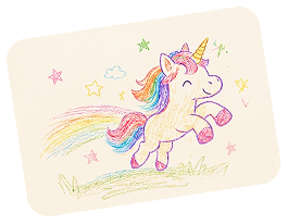 A child's crayon drawing of a smiling unicorn — the original sketch before Wandori animated it