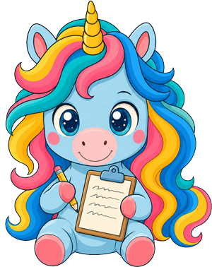 Wandori unicorn mascot taking notes, ready to show you the four simple steps