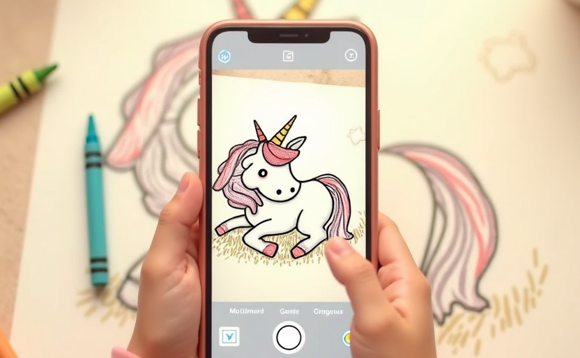 A child's hand snapping a photo of a crayon unicorn drawing