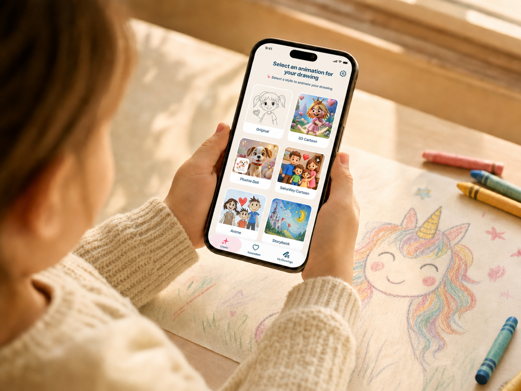 Phone showing Wandori's style picker over the unicorn drawing